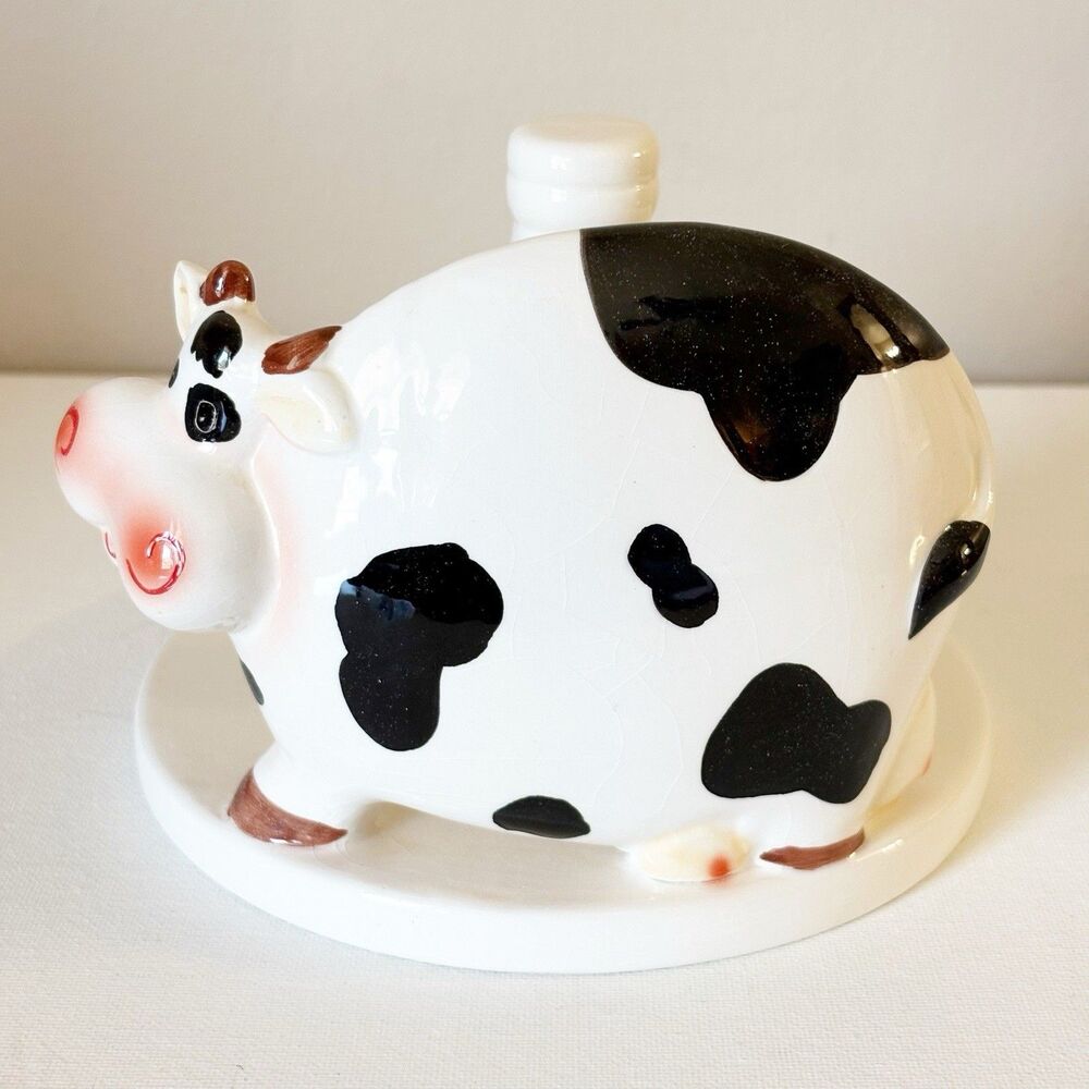 90s Ceramic Cow Decor Paper Towel Holder Vintage Kitchen Retro Black White